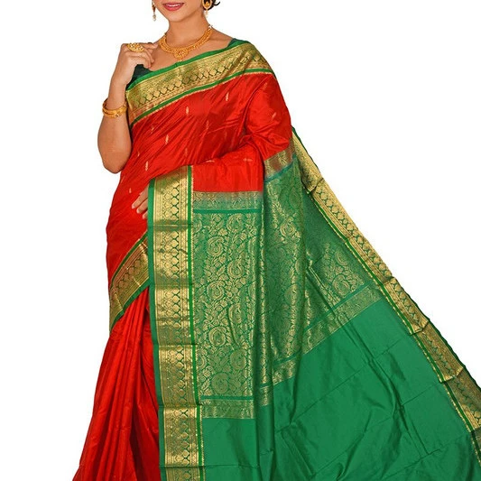 Traditional Kanchipuram Pure Silk Saree in Red with Green Contrast 