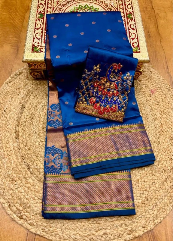 Heritage Blue Self Semi Silk Paithani Saree with Peacock Embroidery Designer Blouse