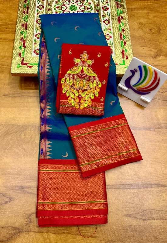 Teal Blue & Red Semi Silk Paithani saree with peacock embroidery blouse and traditional border