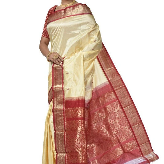 Tussar Cream and Marron Contrast Traditional Kanchipuram Pure Silk Saree