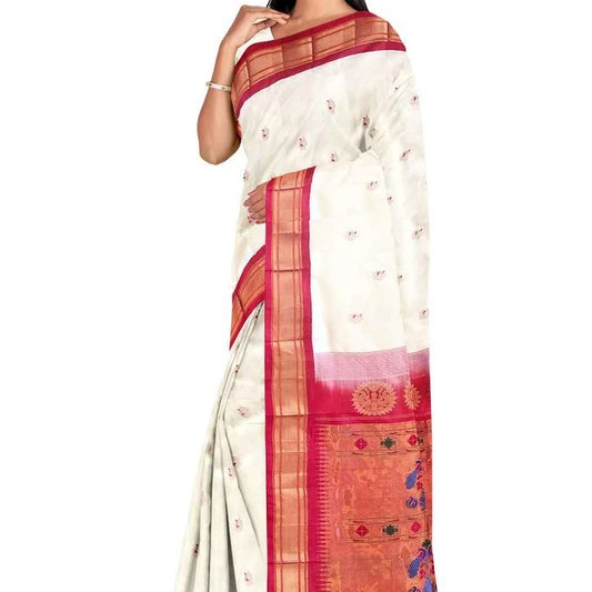 Paithani Pure Silk in Milk White with Rani  Contrast Border Meena Butta Saree with Silk Mark