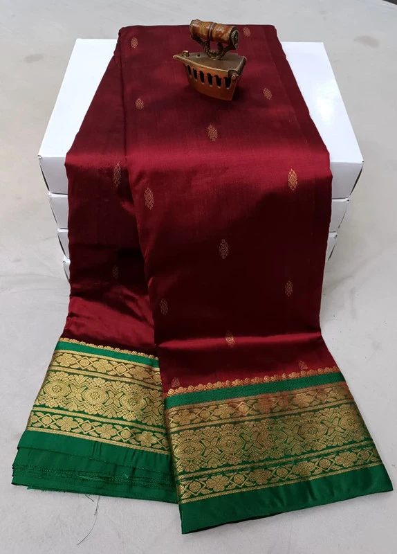 Marron with Green Contrast traditional silk saree with zari border for festive and wedding wear