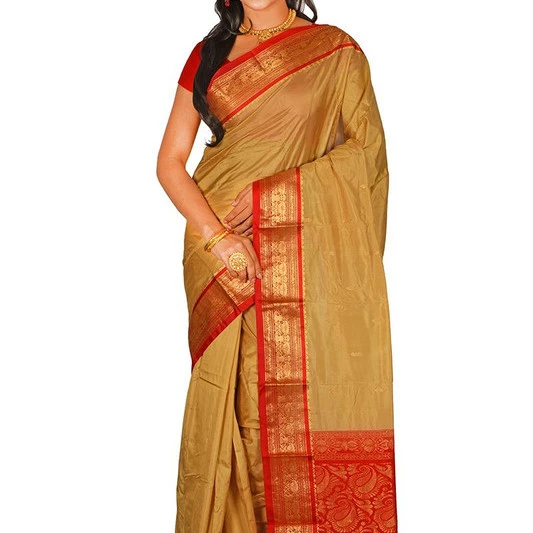 Traditional Kanchipuram Pure Silk Saree in Chikku with Red Contrast