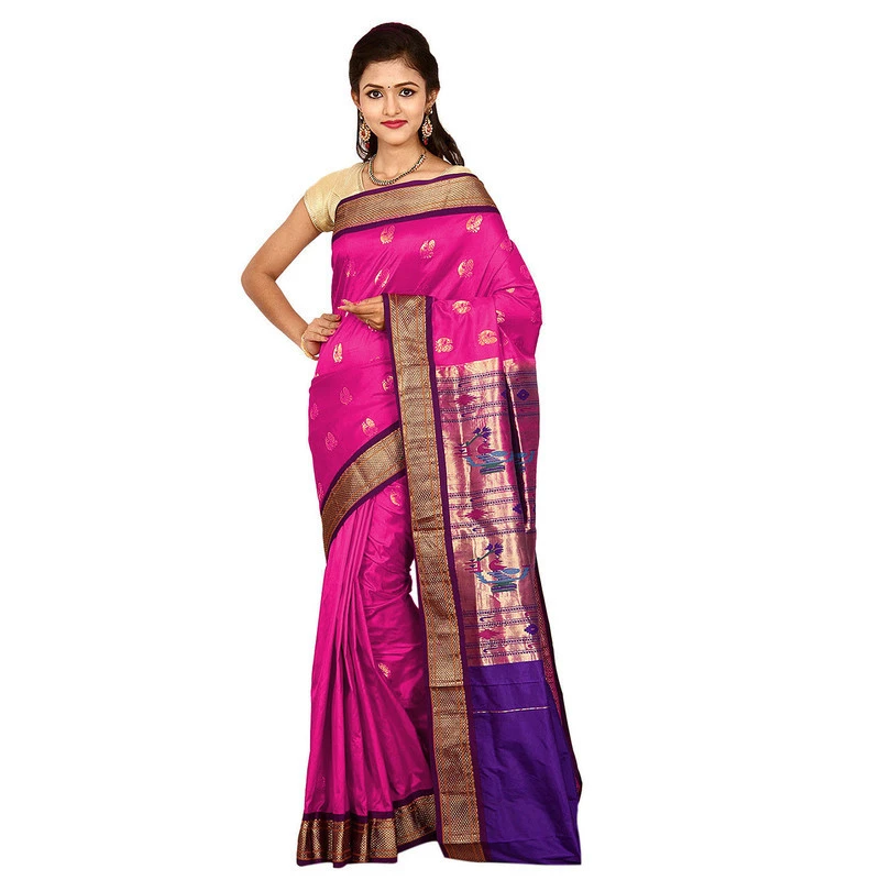 Paithani Pure Silk Pink with Violet Border Meena Butta  Saree with Silk Mark
