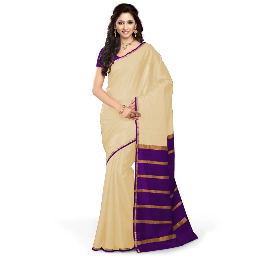 Tussar Cream with Purple  Contrast Onam Special Pure Mysore Silk Handwoven saree