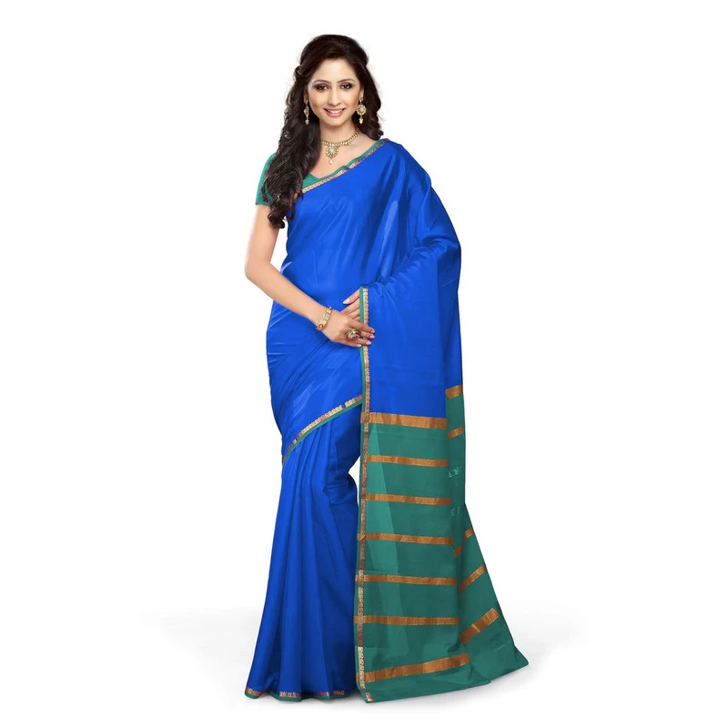 Pure Mysore Silk Saree in Royal Blue and Green Contrast Mango Border