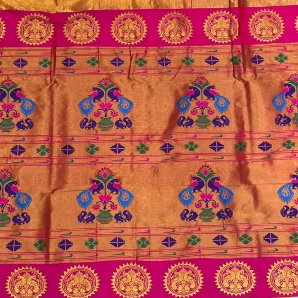 Heritage Golden Yellow and Rani Pink Semi Silk Paithani Saree with Peacock Embroidery Designer Blouse