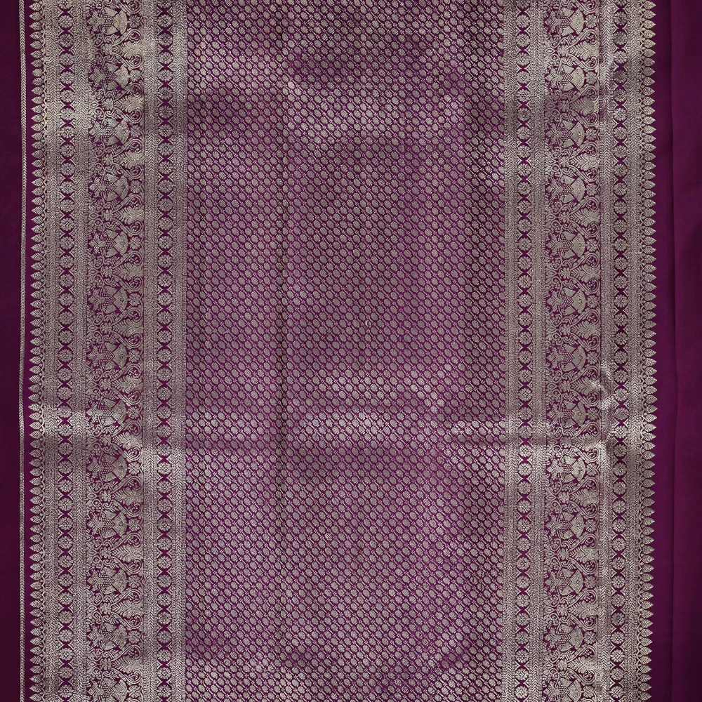 Wine Purple with Elephant Motif Kanchipuram Pure Silk Handloom Saree Silk Mark with Blouse - FabFashionz