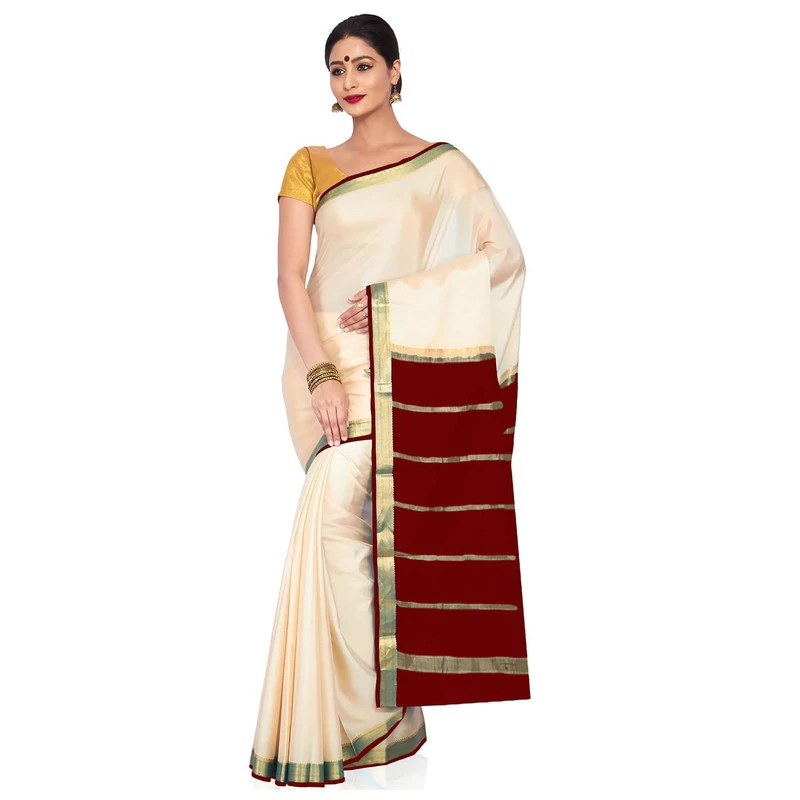 Tussar Cream with Marron  Contrast Onam Special Pure Mysore Silk Handwoven saree