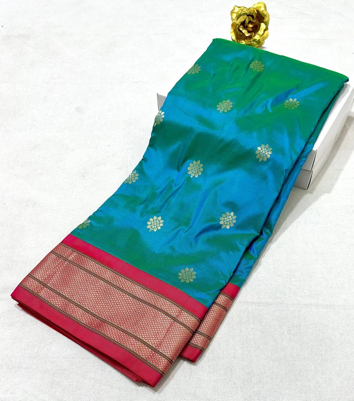 Iridescent Blue-Green Pure Silk Paithani Saree with Lotus Buti & Pink Contrast Zari Border