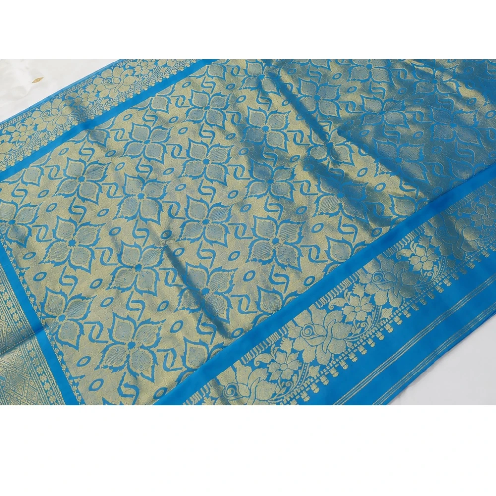 Metallic with Ananda Blue Border traditional silk saree with zari border for festive and wedding occasions