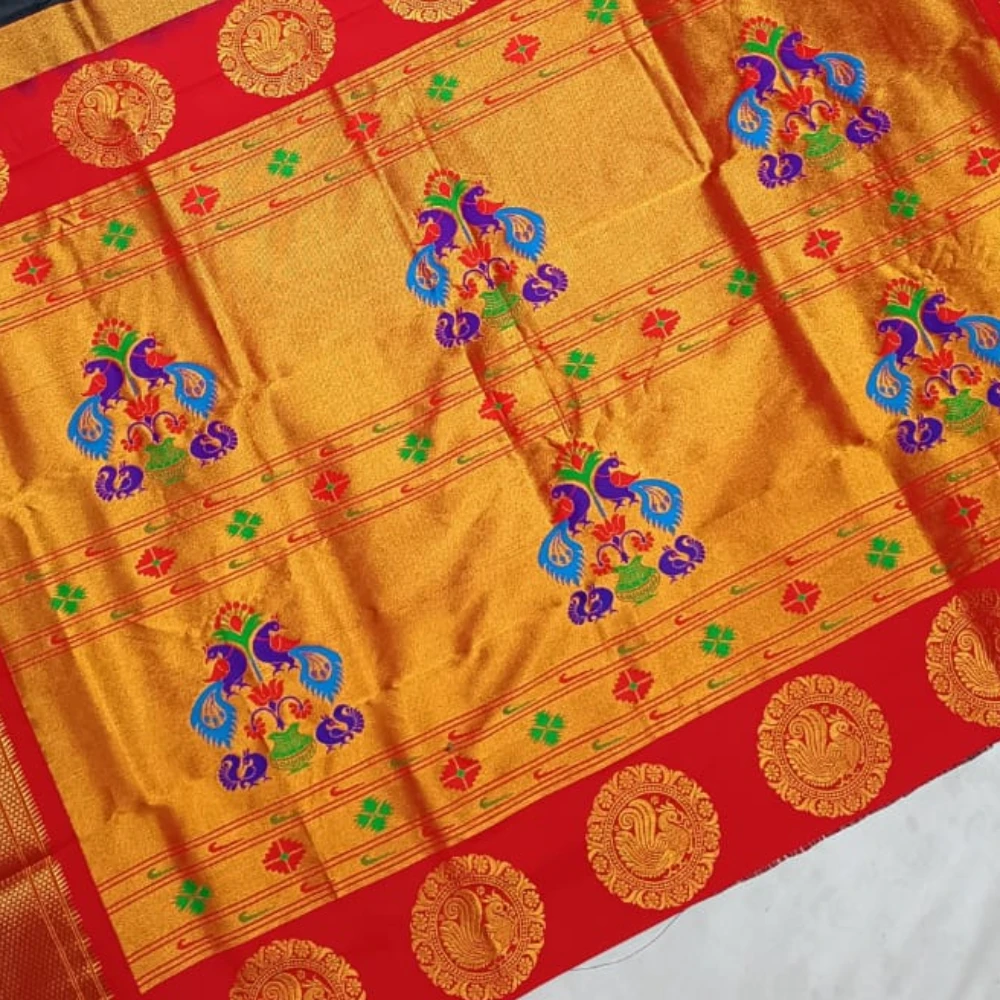 Royal Blue with Red Border Paithani Pure Silk Saree with Meena Butta weaving and traditional zari border