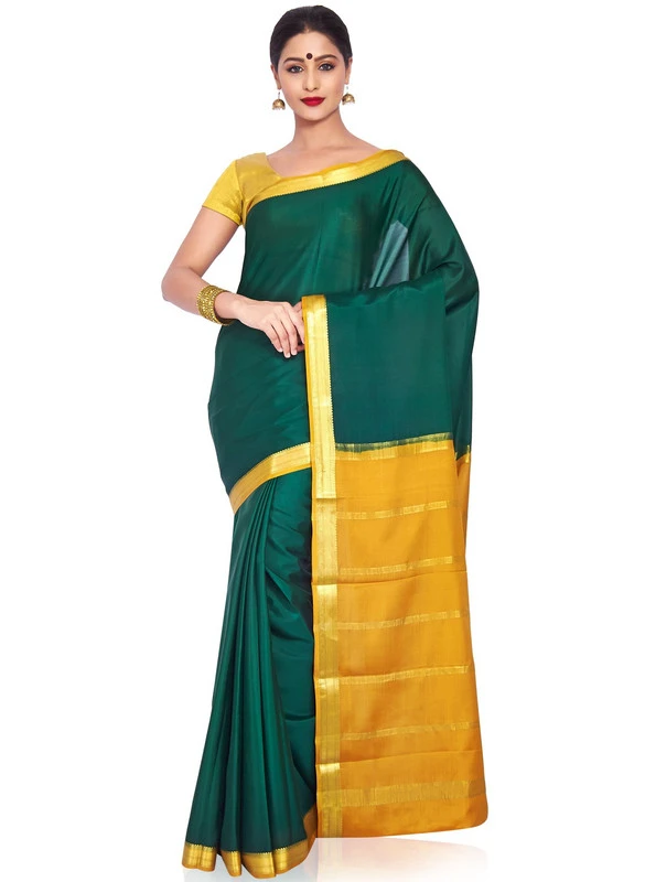 Bottle Green with Mustard Yellow Contrast Pure Mysore Silk Handwoven saree