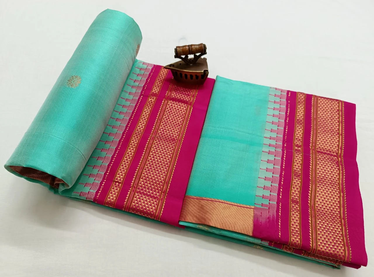 Turquoise Purple Ilkaal Butta pure silk saree with zari border and traditional weaving
