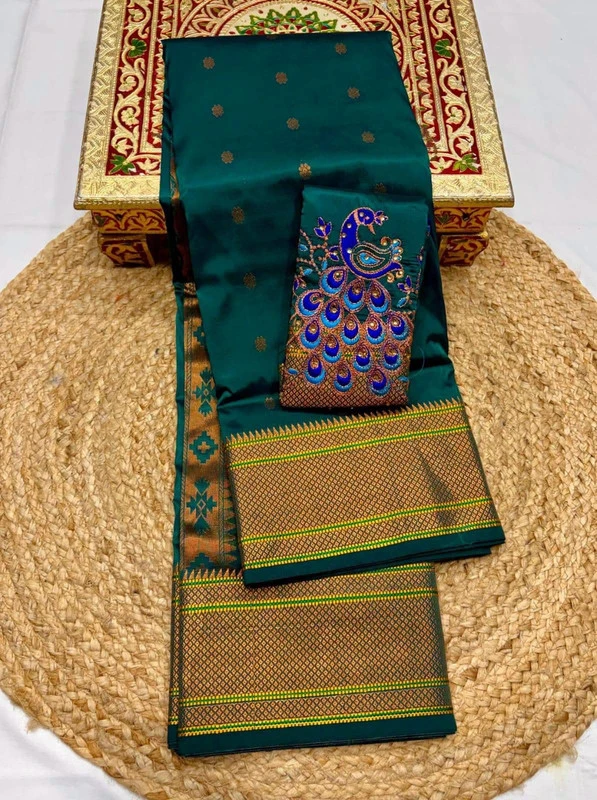 Bottle Green Self Semi Silk Paithani Saree with Peacock Embroidery Designer Blouse