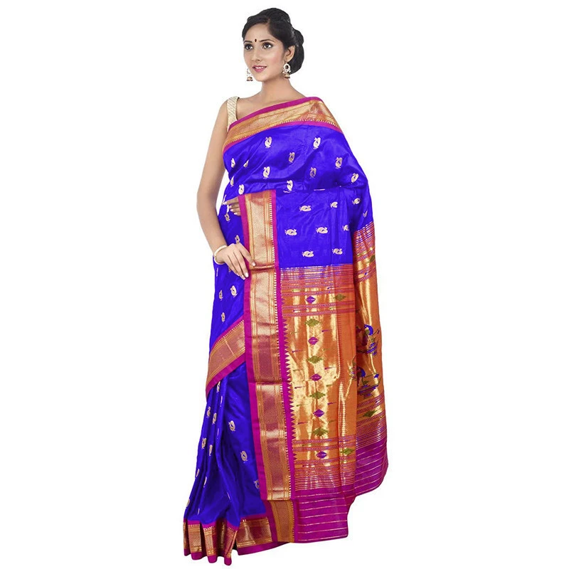 Paithani Pure Silk Blue and Magenta Border Meena Butta Saree with Silk Mark