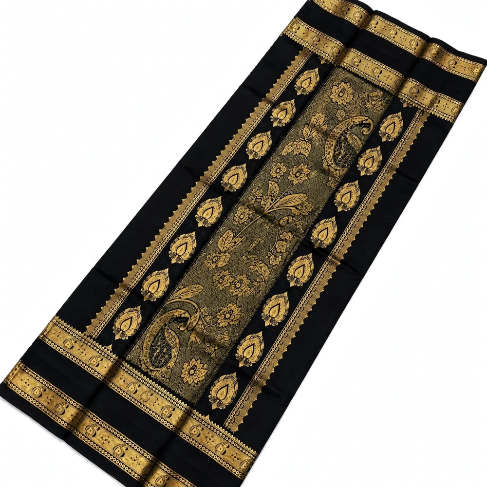 Orange silk saree with black and gold Bentex border, floral and paisley designs.