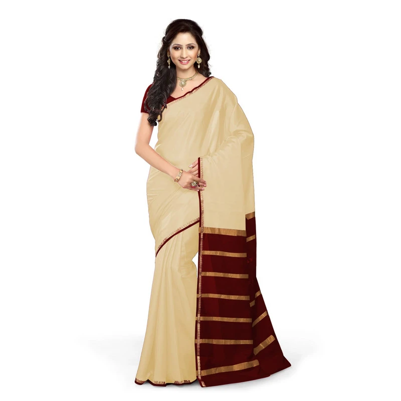 Tussar Cream with Red Contrast Onam Special Pure Mysore Silk Handwoven saree