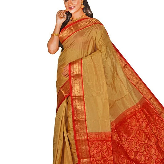 Traditional Kanchipuram Pure Silk Saree in Chikku with Red Contrast 