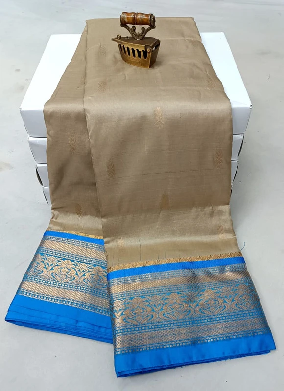 Beige Sky Blue Border Kanchipuram Silk Saree