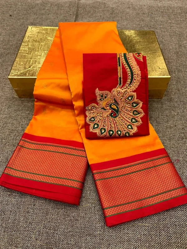 Orange & Red Semi Silk Paithani Saree with Peacock Embroidery Blouse