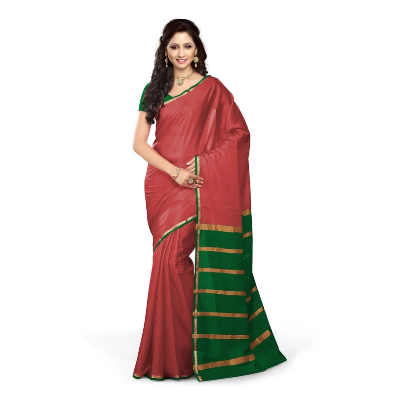 Pure Mysore Silk Saree in Peach Red and Green Contrast Mango Border