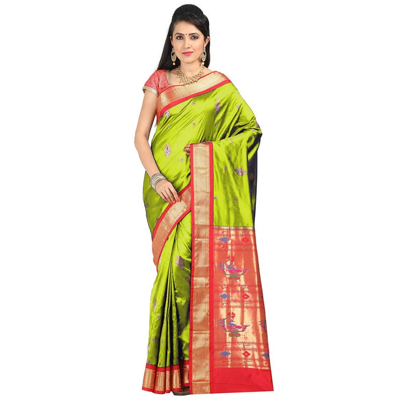 Paithani Pure Silk Olive Green and Red Border Meena Butta Saree with Silk Mark