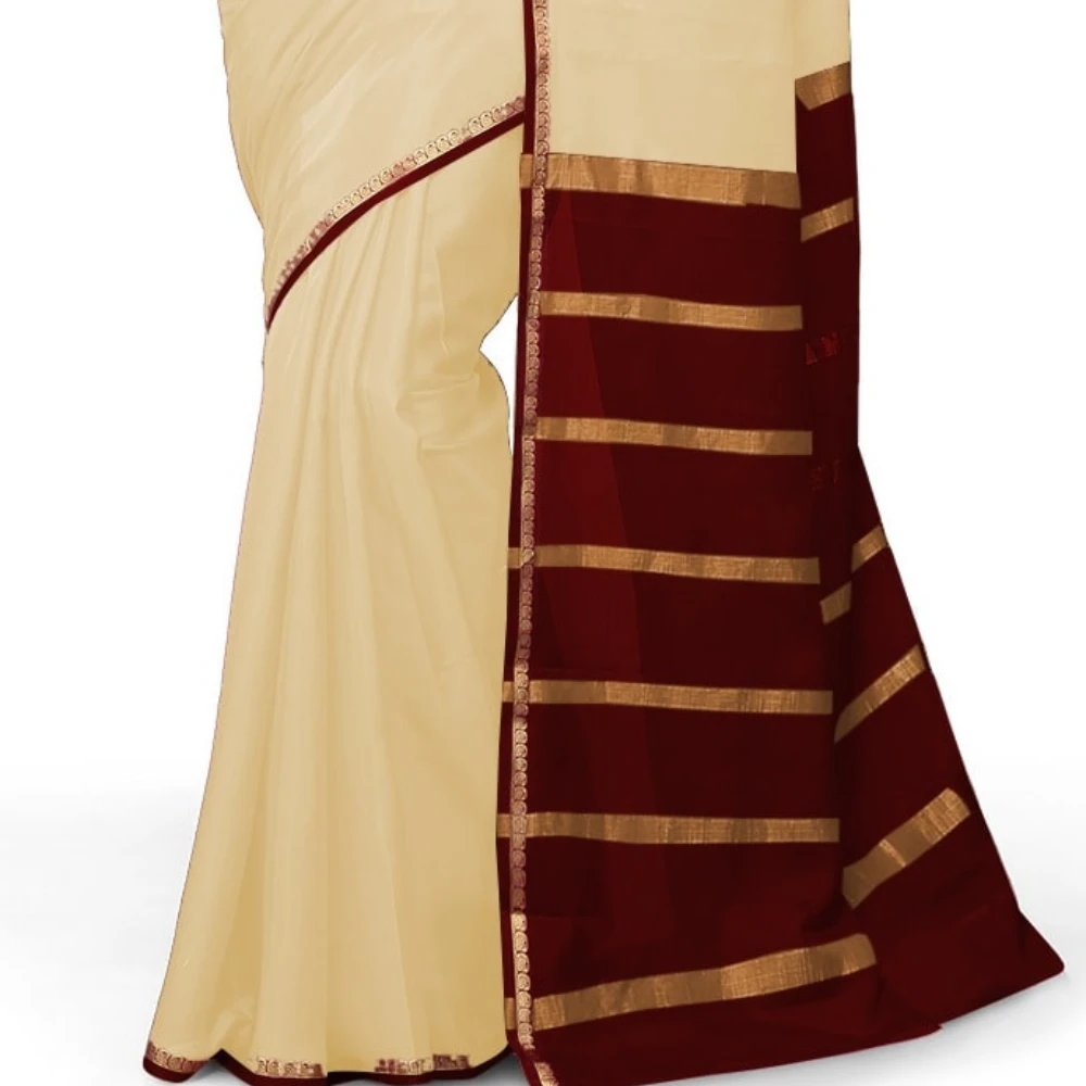 Tussar Cream with Brown Contrast Onam Special Pure Mysore Silk Handwoven saree