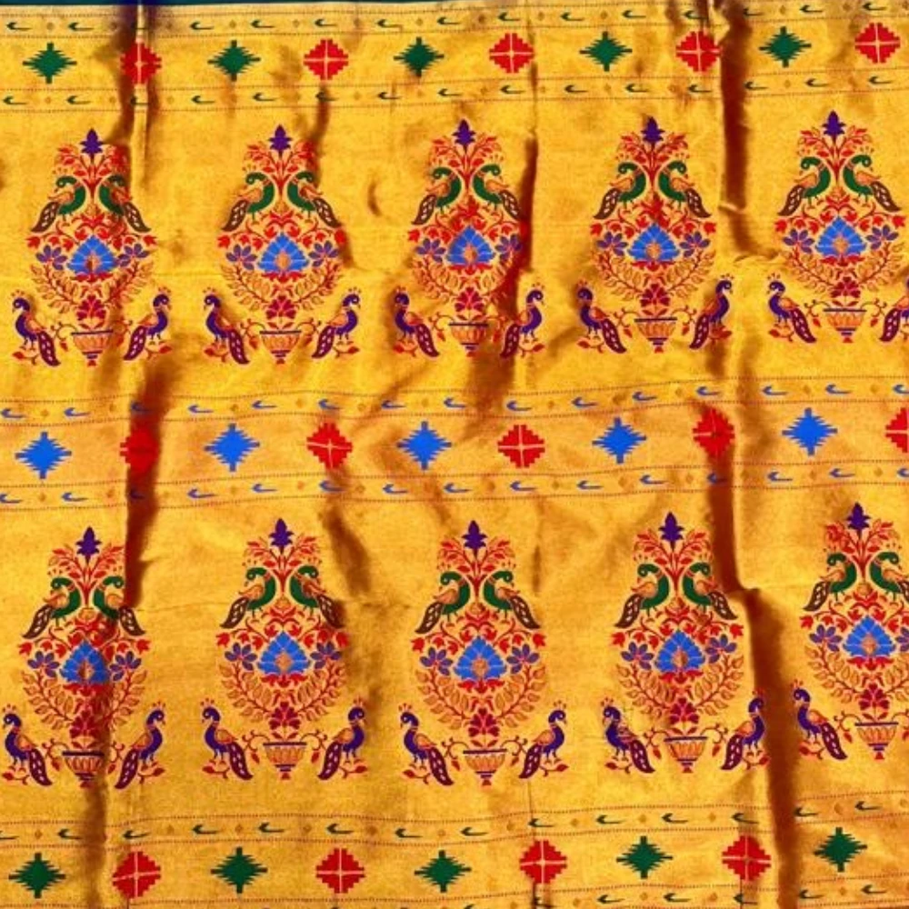 Heritage Blue Self Semi Silk Paithani Saree with Peacock Embroidery Designer Blouse