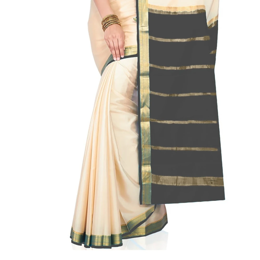 Tussar Cream with Cement Grey  Contrast Onam Special Pure Mysore Silk Handwoven saree
