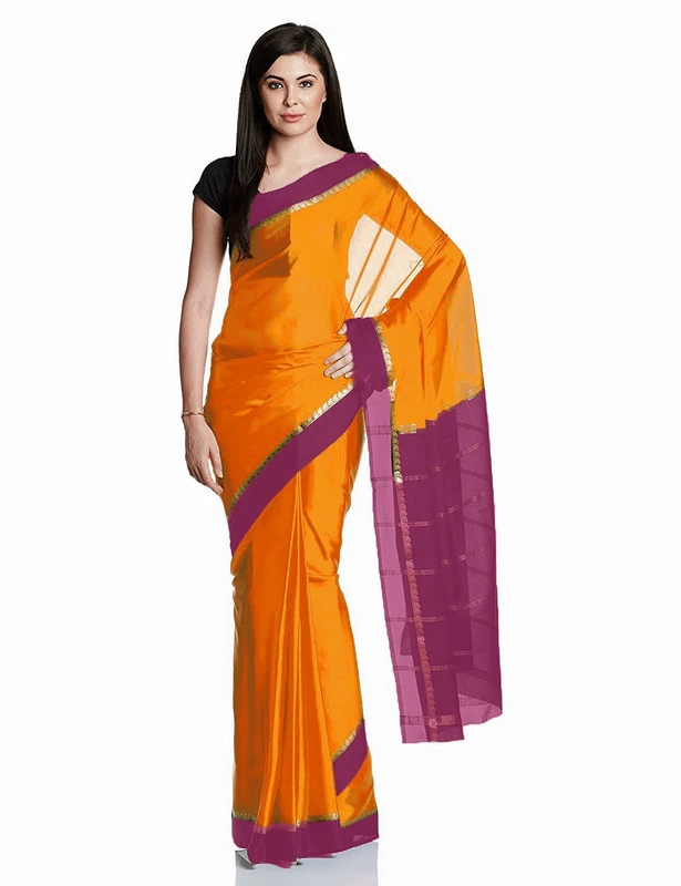Radiant Pure Mysore Silk Saree in Orange with Pink & Lustrous Gold Zari