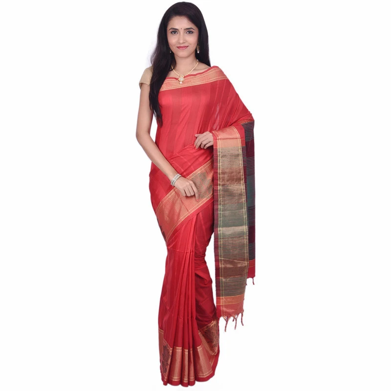 Kanchipuram Dupion Pure Silk  Saree in Red With Multi Color Pallu Handwoven Saree