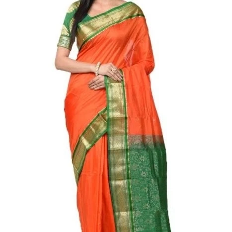 Dark Orange and Green Contrast Traditional Kanchipuram Pure Silk Saree