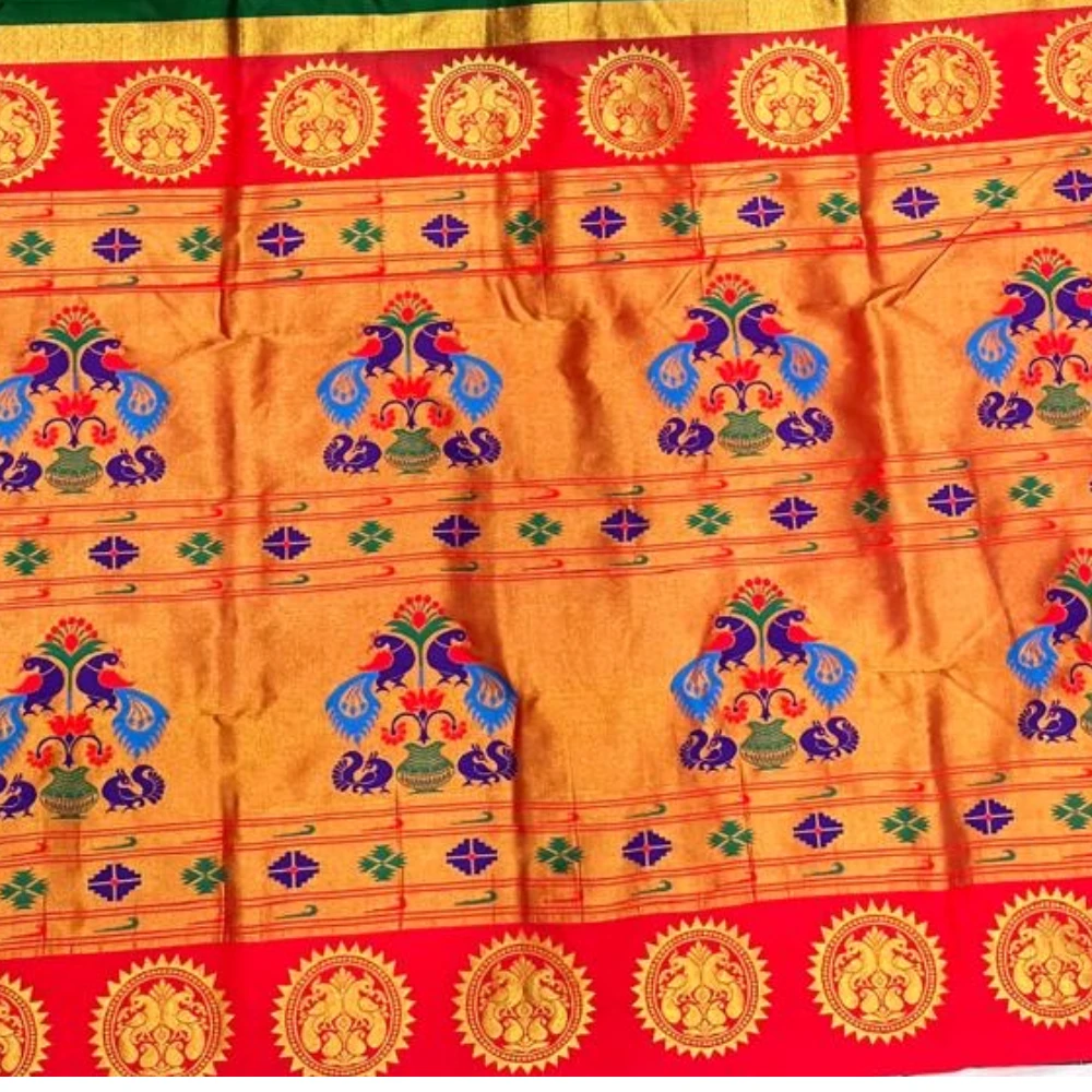 Green wth Red Border Semi Silk Paithani Saree with Peacock Embroidery Blouse