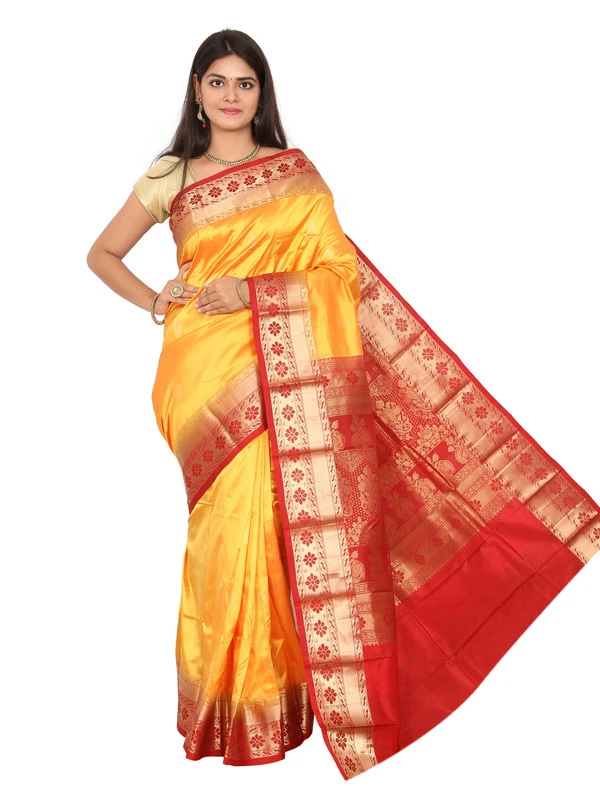 Golden Yellow with Red Contrast Colour Handwoven Kanchipuram Pure Silk Saree with Silk Mark