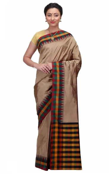 Chocolate Gery with Multi Colour Checks Handowen Pure Bangalore Silk Saree