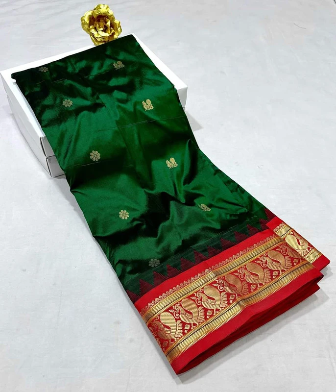 Bottle Green Gadwal Paithani Silk Pure Silk Saree with Rich Contrast Red  Border
