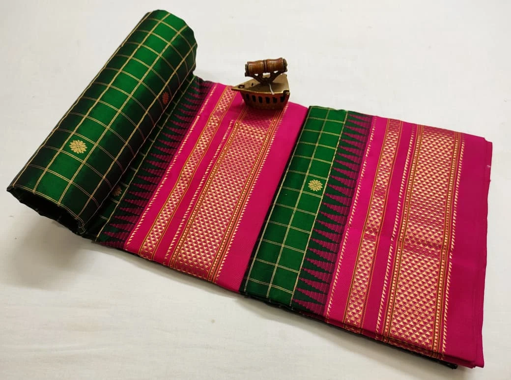 Pure Ilkaal Checks saree in Bottle Green with zari border and traditional woven patterns