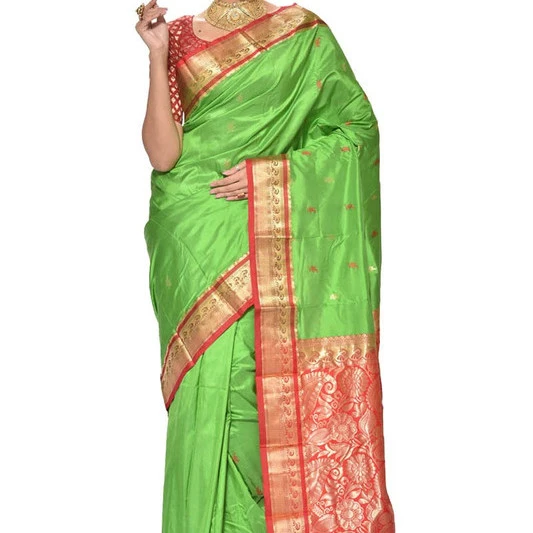 Traditional Kanchipuram Pure Silk Saree in Parrot Green with Red Pink Contrast