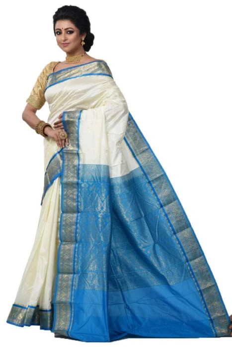 Kanchipuram Pure Silk Saree in White with Anandha Blue Contrast for Durga Pooja