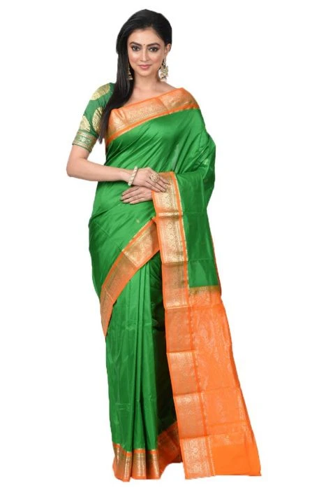 Nine Yards Kanchipuram Pure Silk Saree in Green with Orange Contrast