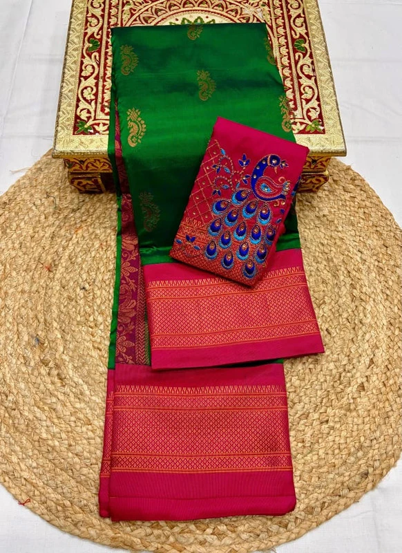 Green & Pink Semi Silk Paithani saree with peacock embroidery blouse and traditional border