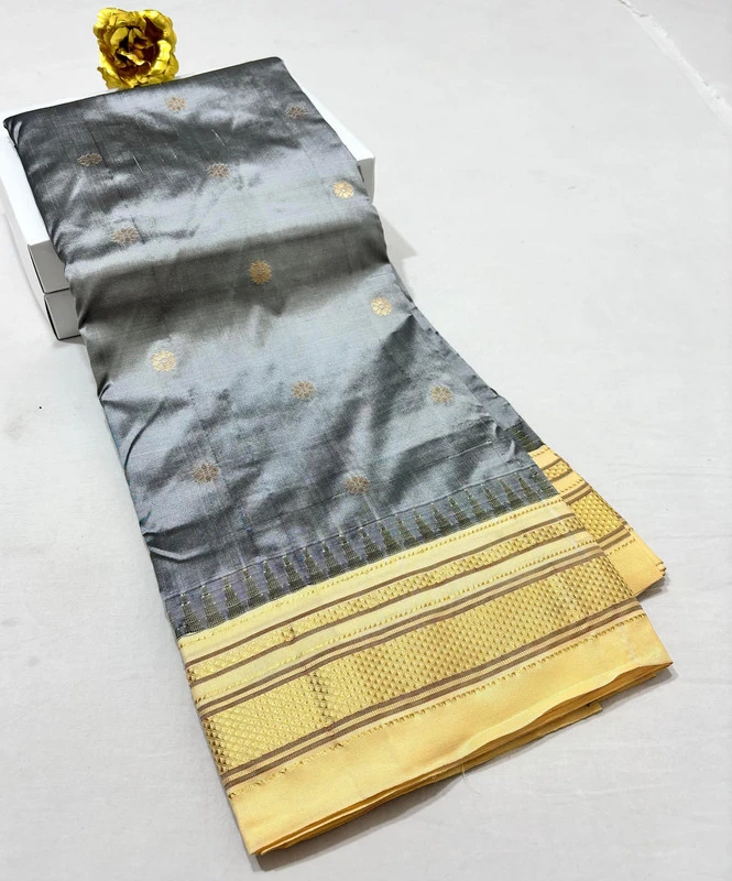 Silver Grey pure Ilkaal Butta saree with Gold zari contrast border and traditional gold motifs