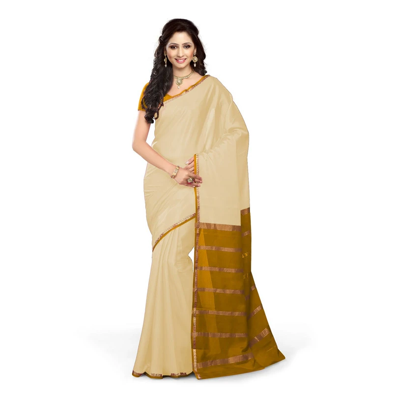 Tussar Cream with Yellow Contrast Onam Special Pure Mysore Silk Handwoven saree