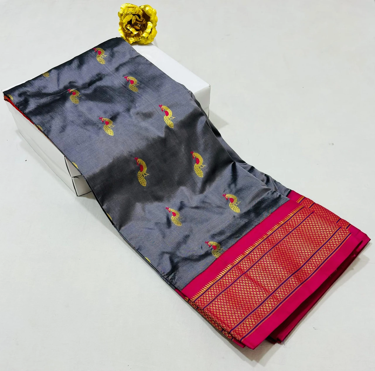 Steel Grey Pure Silk Paithani Saree with Peacock Embroidery Blouse & Hot Pink Zari Border