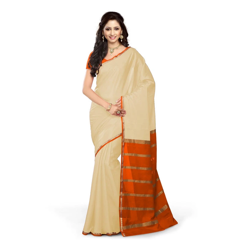 Tussar Cream with Orange Contrast Onam Special Pure Mysore Silk Handwoven saree