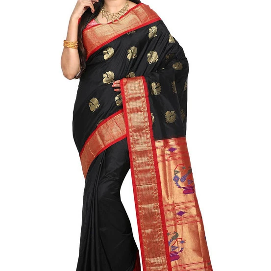 Paithani Pure Silk in Black with Red Contrast Border Meena Butta Saree with Silk Mark