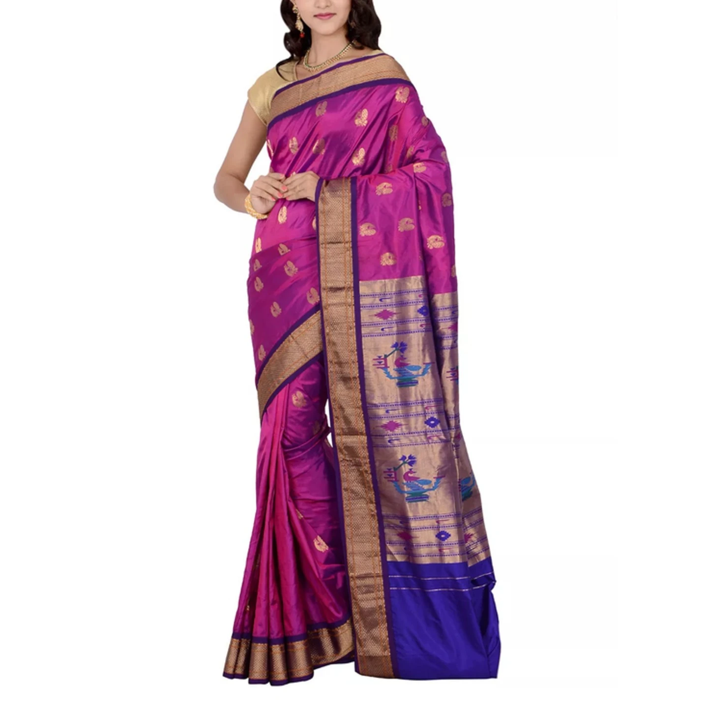 Paithani Pure Silk in Magenta with Voilet Contrast Border Meena Butta Saree with Silk Mark