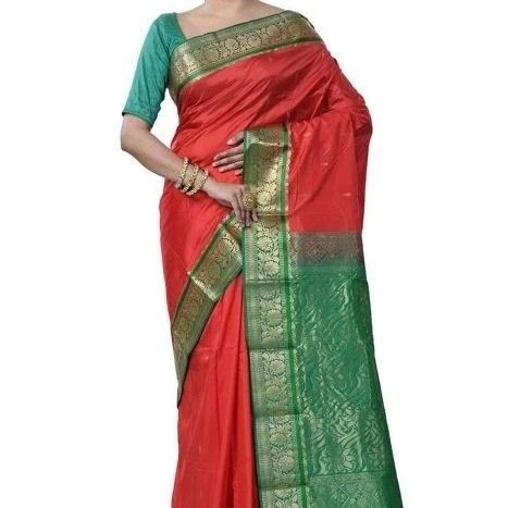 Red and Green Contrast Traditional Kanchipuram Pure Silk Saree