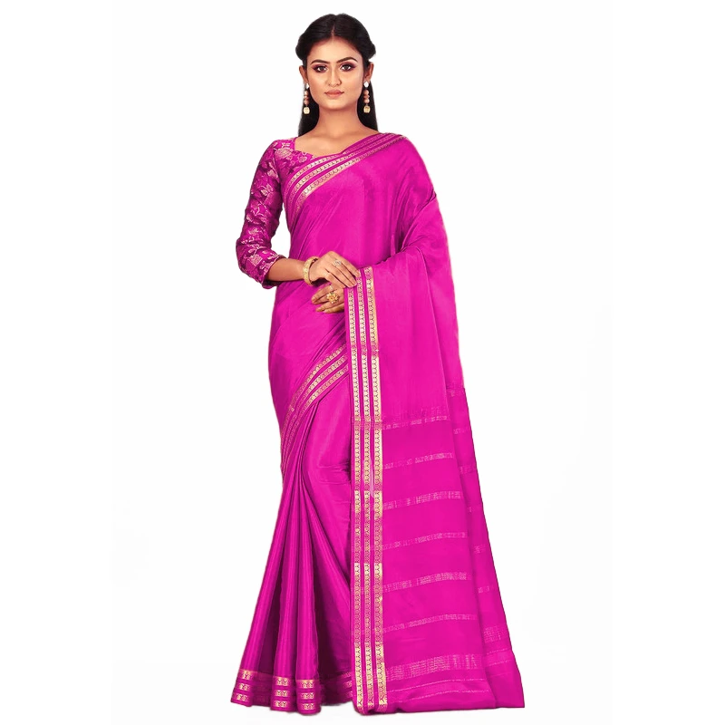 Dark Pink Self Coloured Three Lines Border Pure Mysore Silk Saree with silk Mark